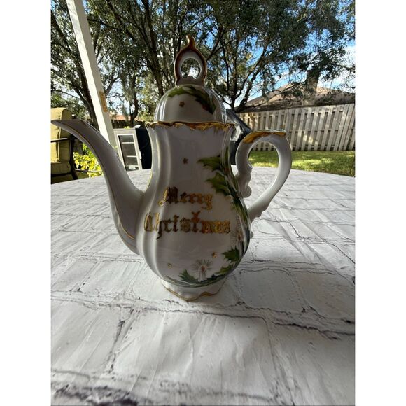 Vintage Norcrest Fine China Merry Christmas Formal Teapot Holly Holiday Print - Picture 3 of 16
